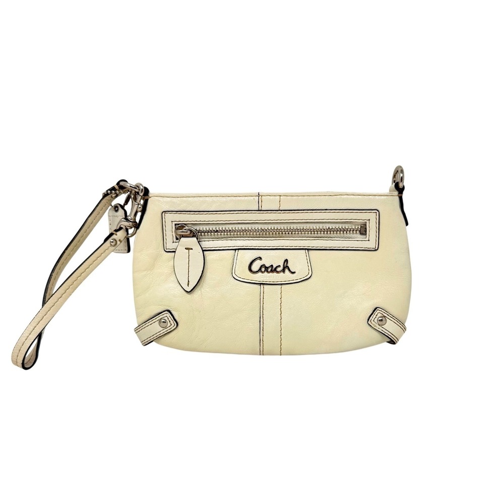Coach Cream Leather Wristlet Y2K Silver Hardware Zip Pocket
